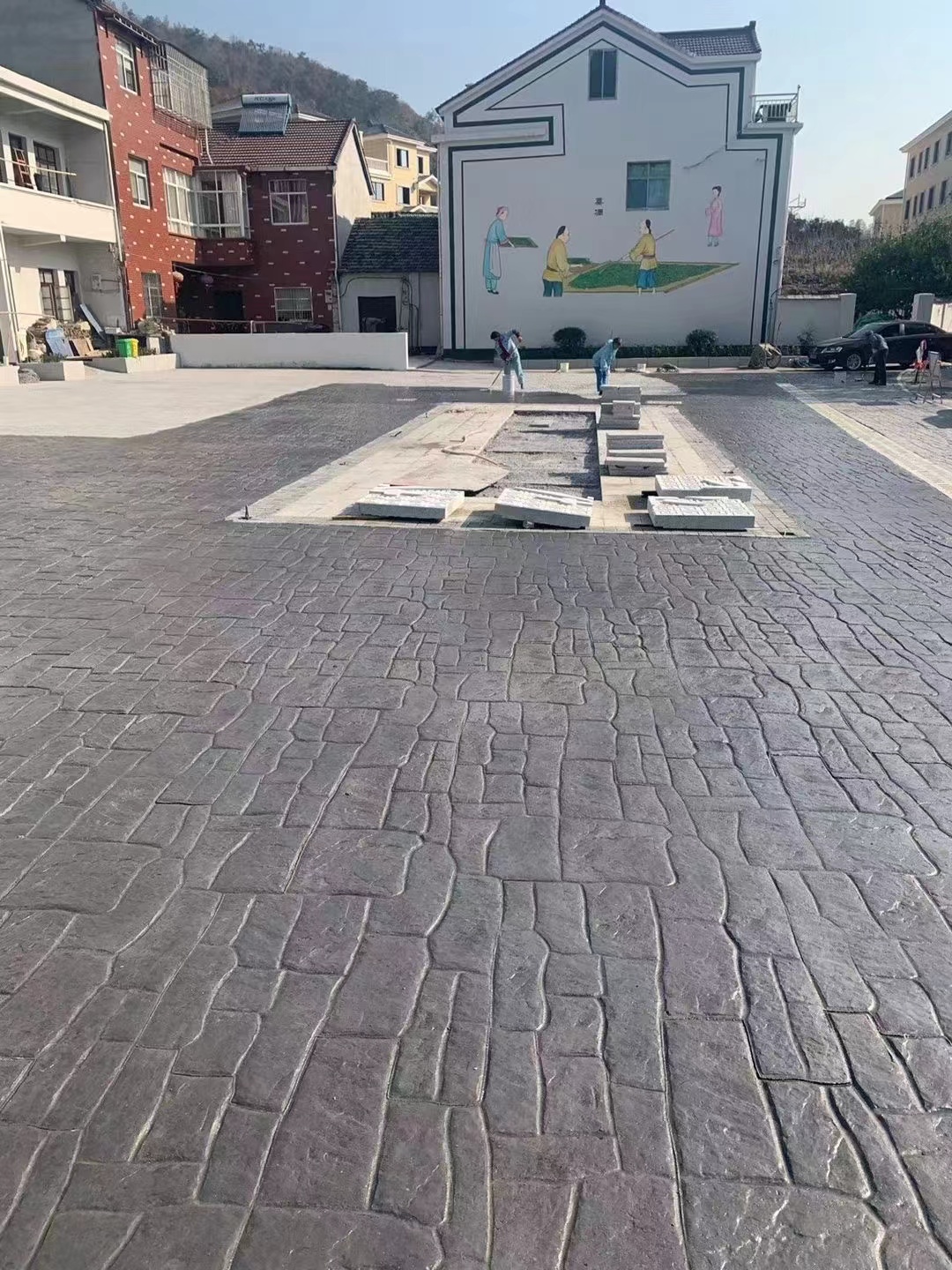 仿鹅卵石压花地坪 仿罗马石砖压印路面施工工艺流程及技术指导