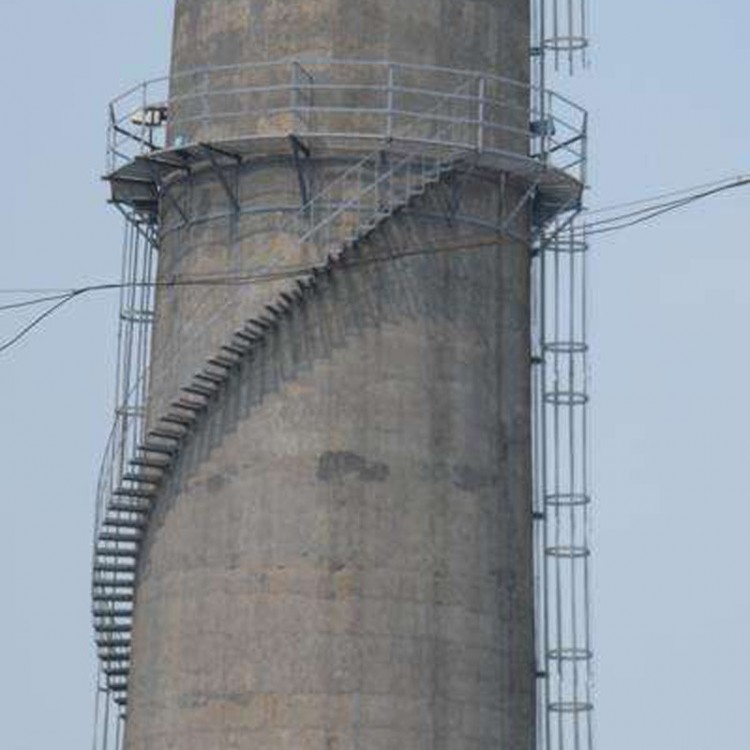Chimney installation with climbing ladder and spiral staircase